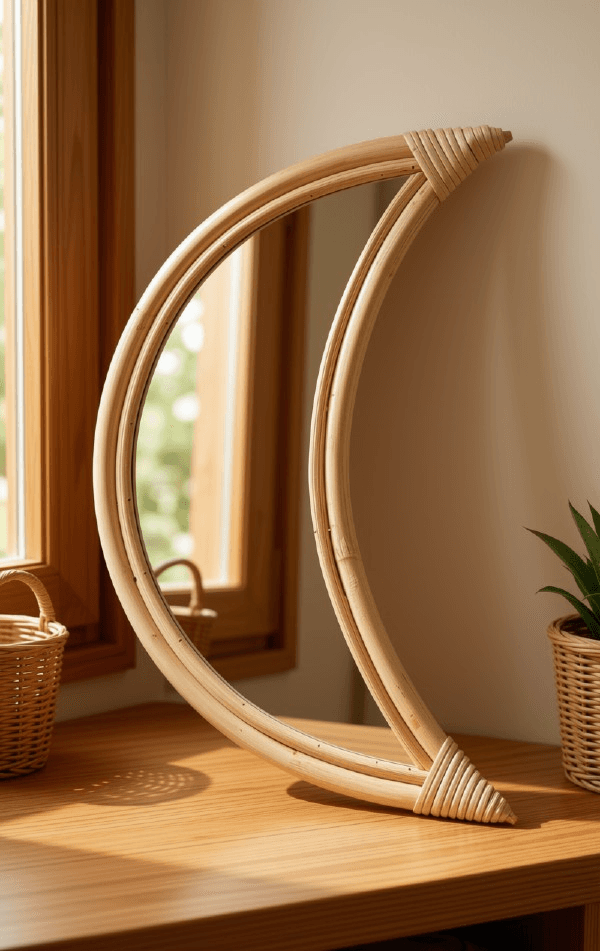 Crescent Moon Rattan Mirror