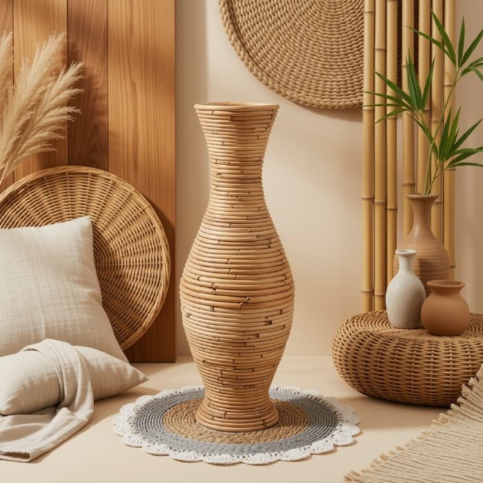 Tall Curved Rattan Floor Vase with Mat Base