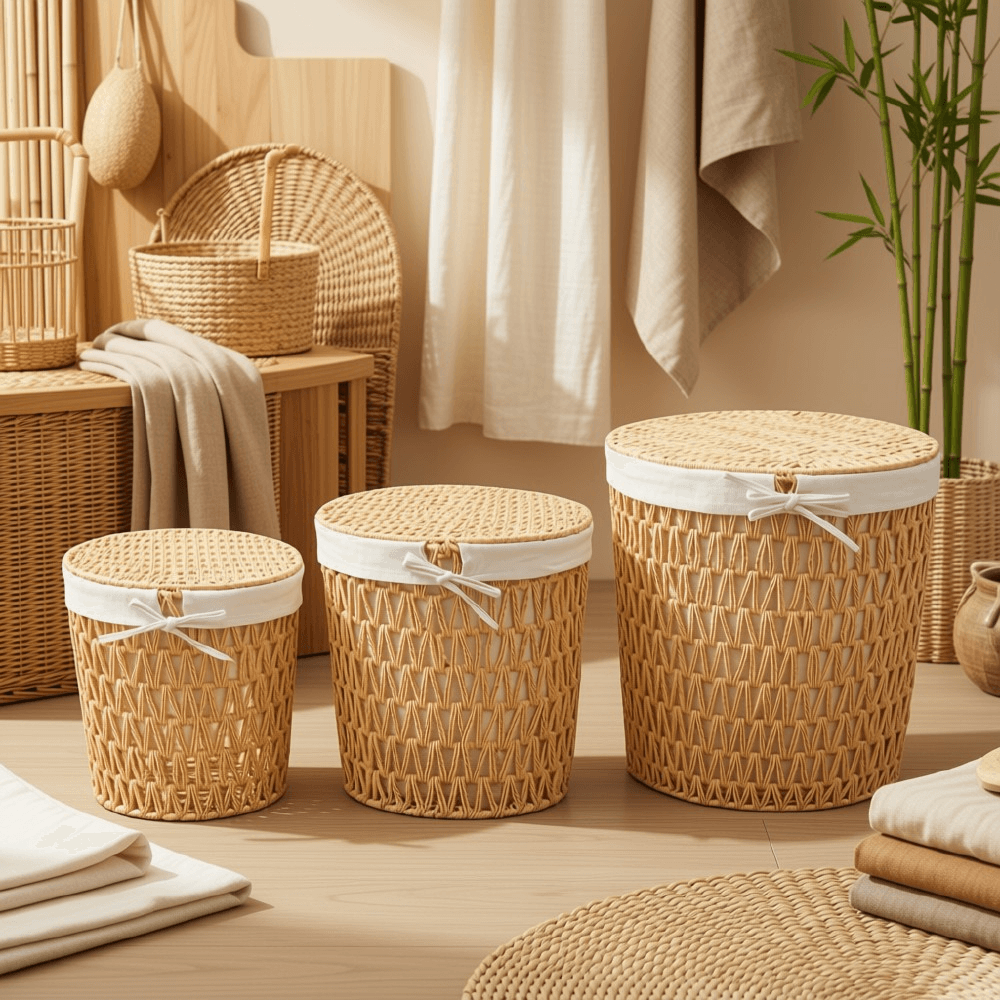 Woven Storage Basket Set with Lids & Fabric Lining