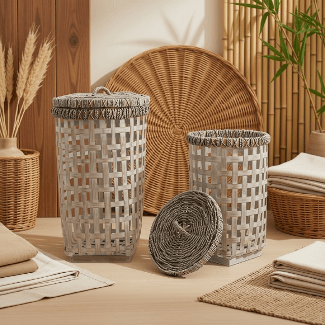 Whitewashed Woven Bamboo Laundry Hampers with Lids