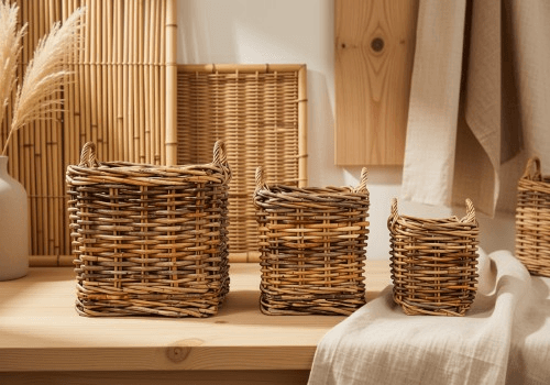 Square Wicker Nesting Baskets with Handles (Set of 3)