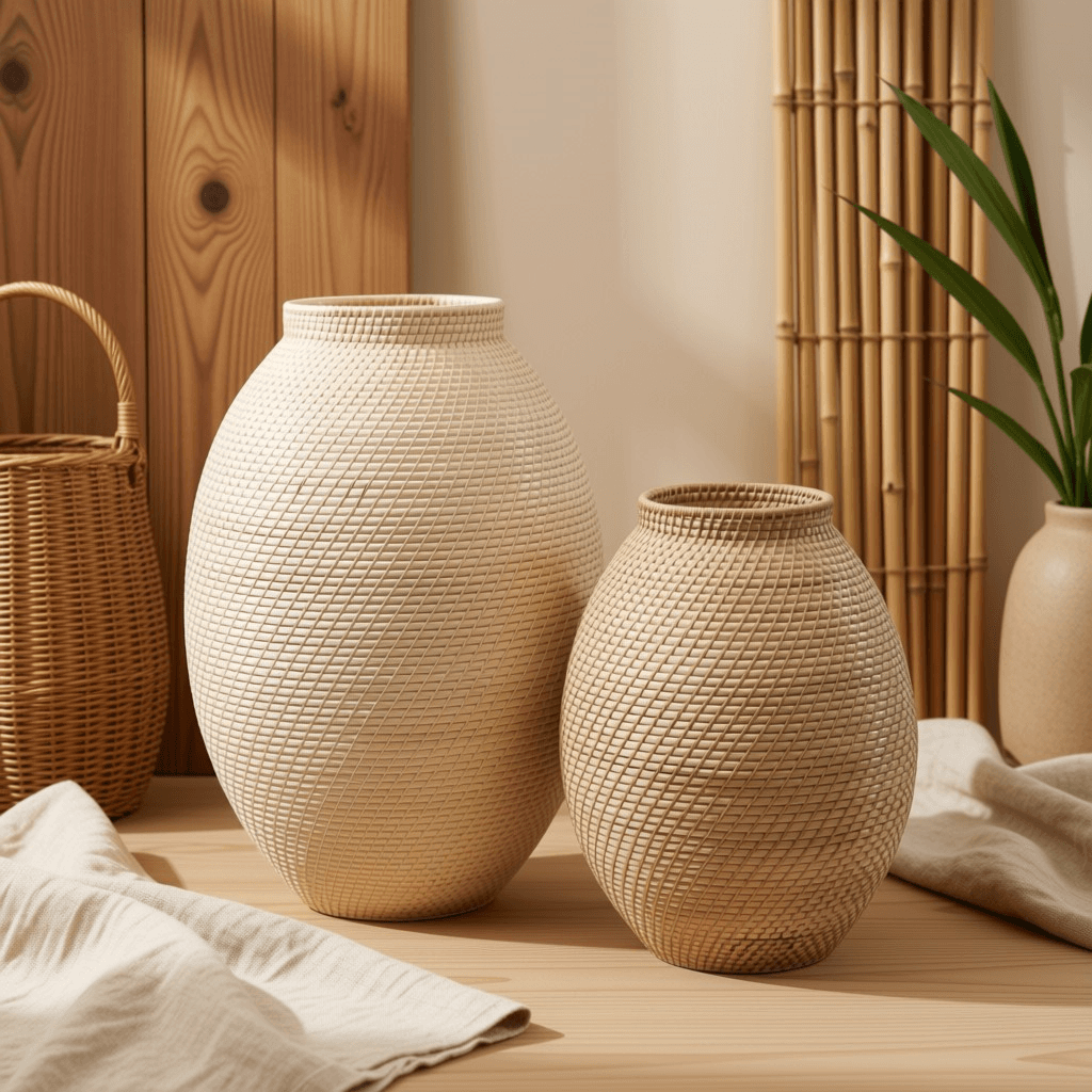 Minimalist Fine-Woven Standing Rattan Vases