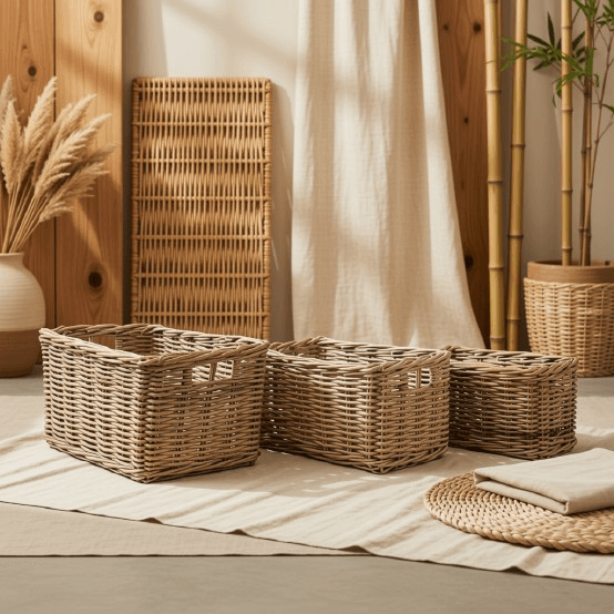Rectangular Wicker Storage Baskets with Built-in Handles (Set of 3)
