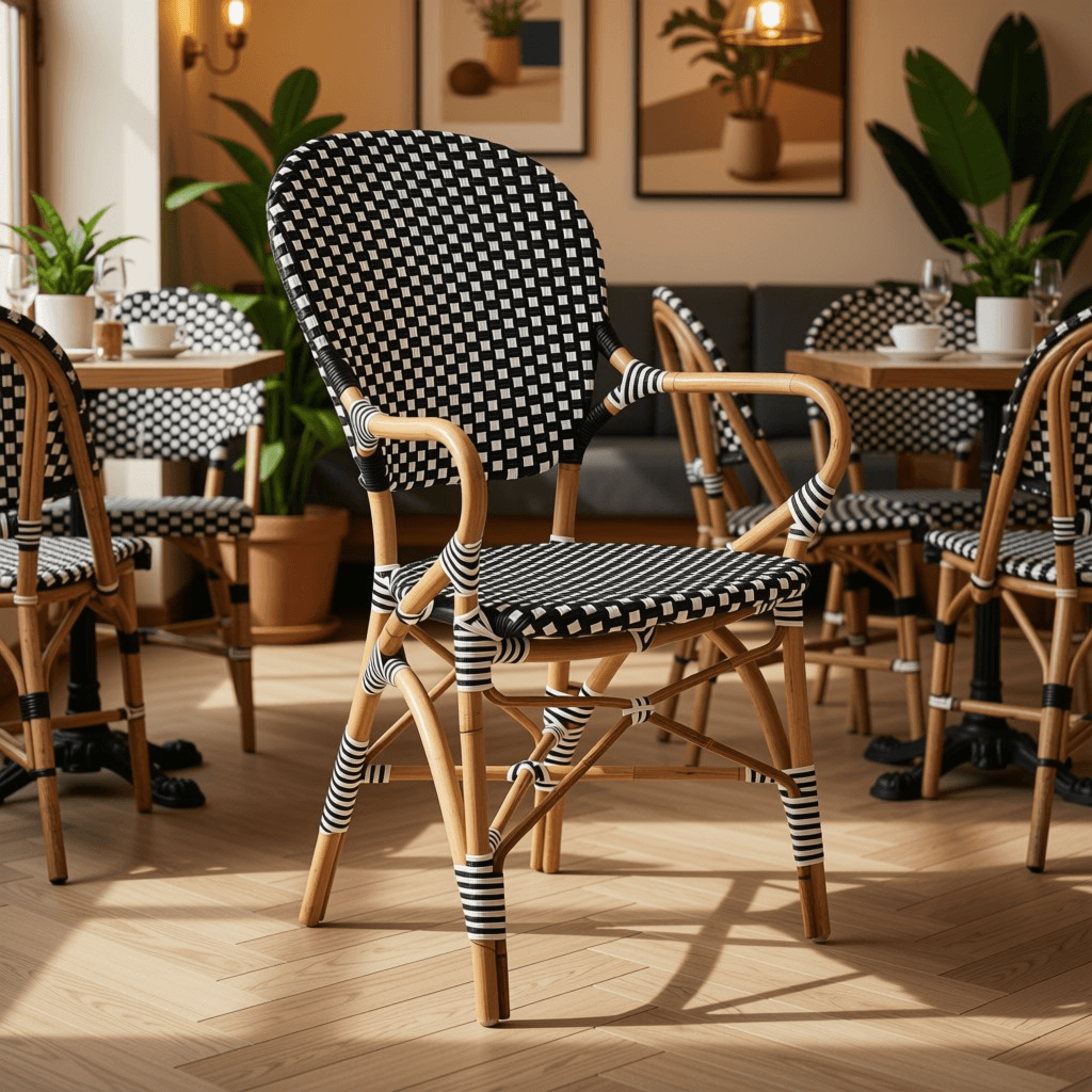 Black & White Woven Rattan Armchair with Curved Legs