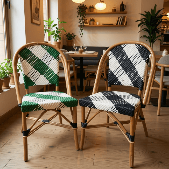 Patterned Woven Rattan Cafe Chairs Pair
