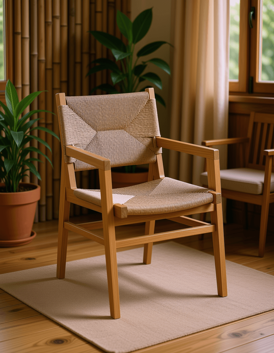 Nordic Wooden Armchair with Woven Rope Seat