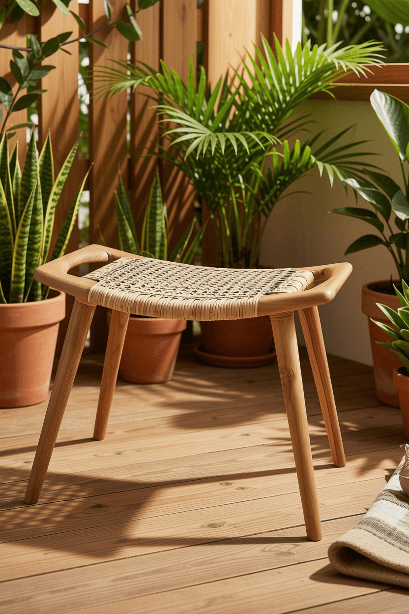 Saddle-style Wooden Stool with Woven Seat