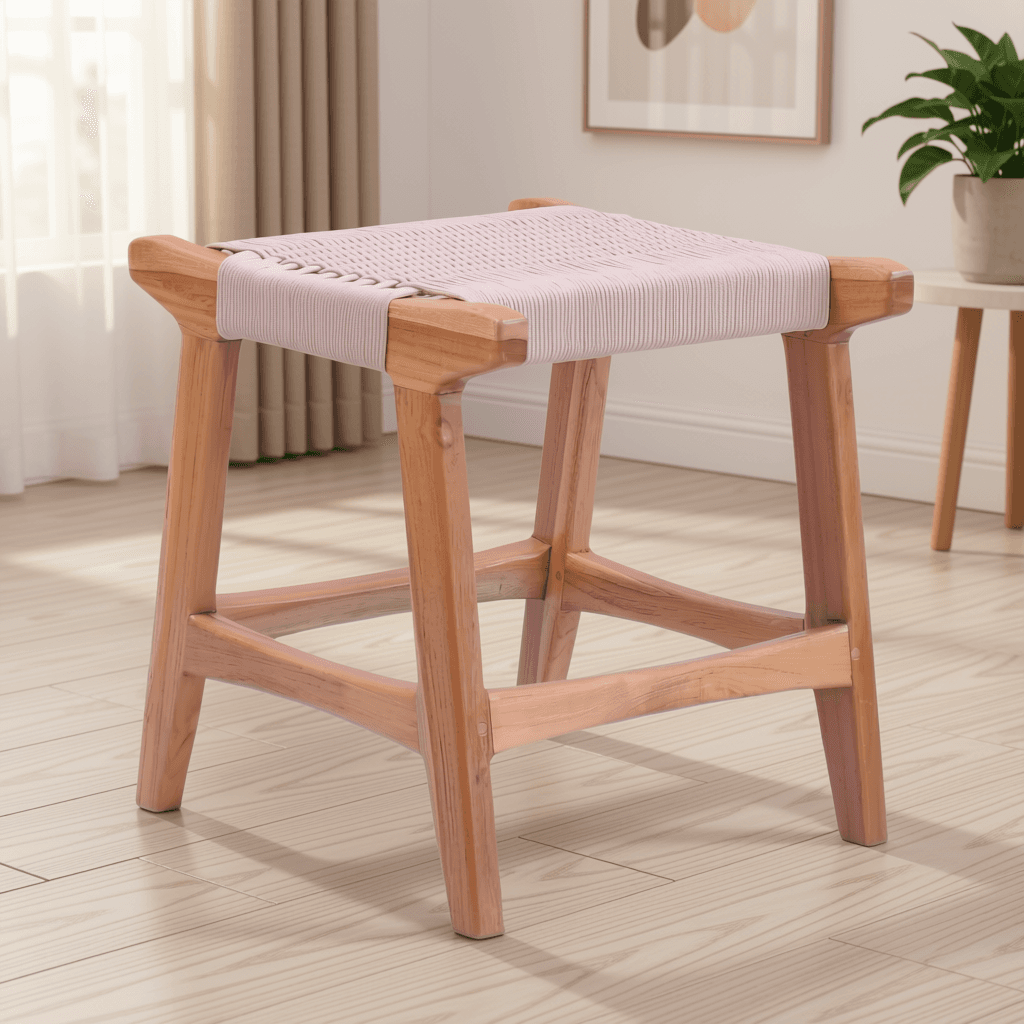 Solid Teak Stool with Woven Fiber Seat
