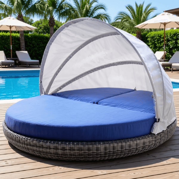 Round Outdoor Wicker Daybed with Retractable Canopy