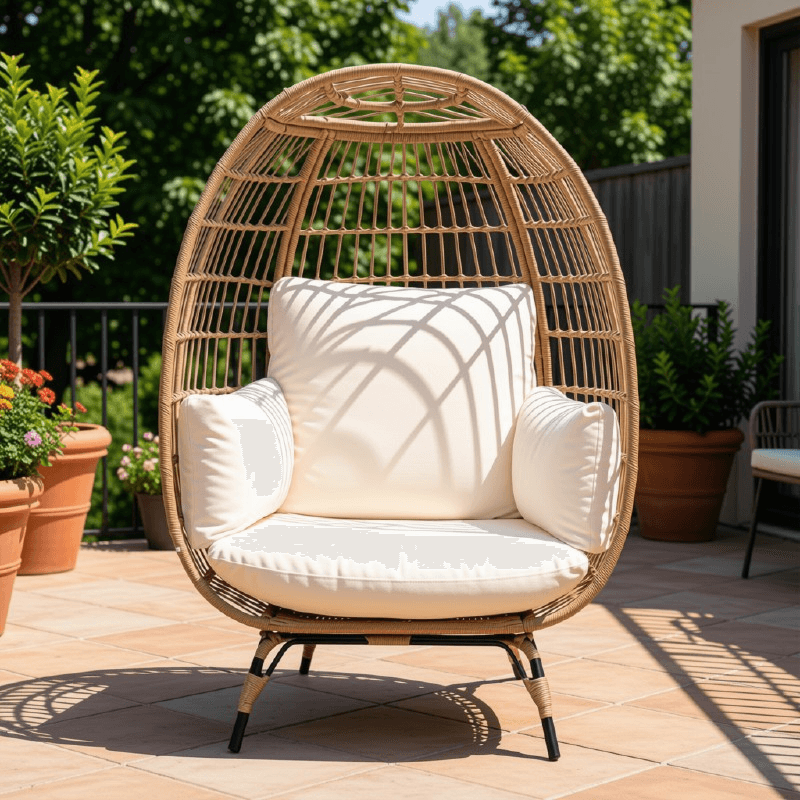 Standing Rattan Egg Lounge Chair with Plush Cushion