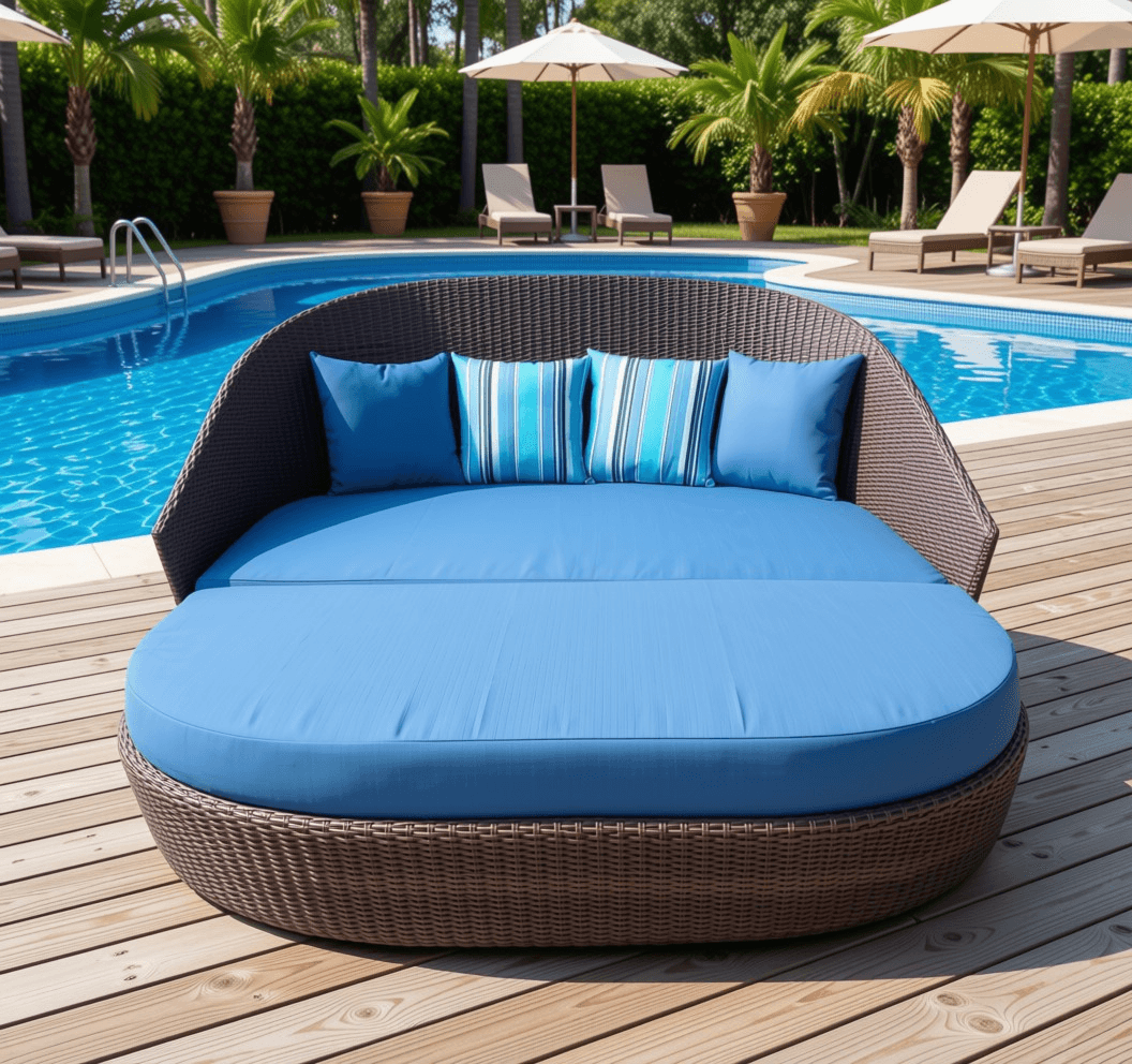 Half-Moon Outdoor Wicker Daybed with Blue Cushions