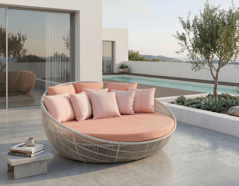 Circular Outdoor Rattan Sunbed with Pillows