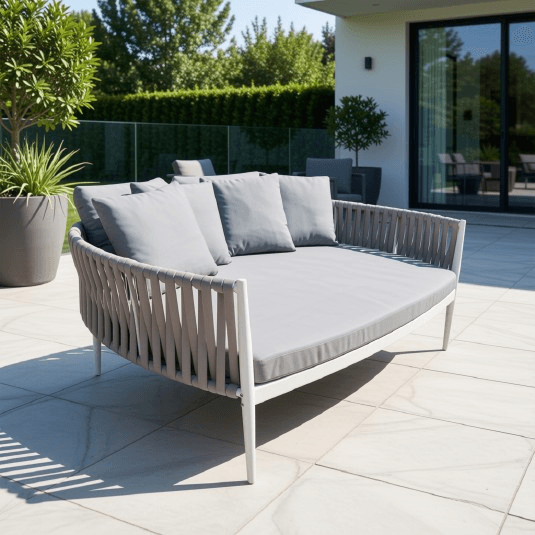 Modern Spindle-Back Outdoor Sofa Daybed with Blue Cushions