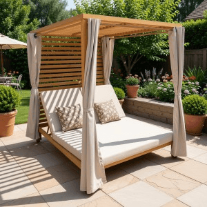 Wooden Frame Outdoor Canopy Daybed with Curtains