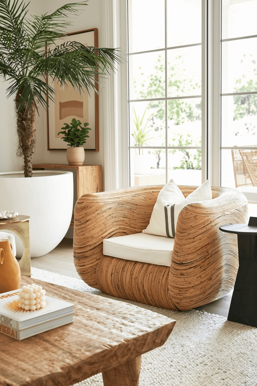 Sculptural Full Woven Rattan Armchair with Cushion