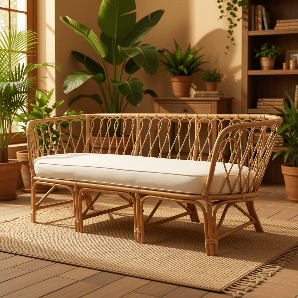 Spindle-Back Curved Rattan Daybed Bench