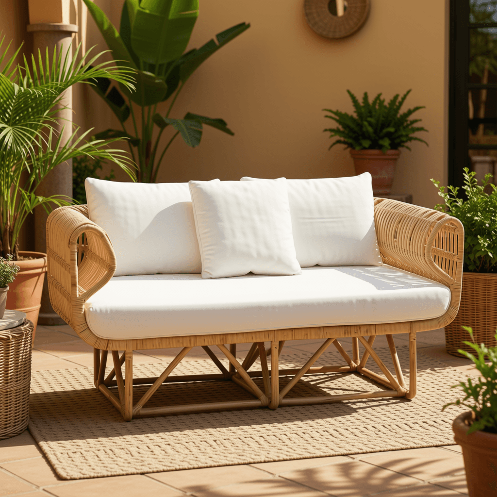 Woven Rattan Arm Sofa Daybed with Cushions