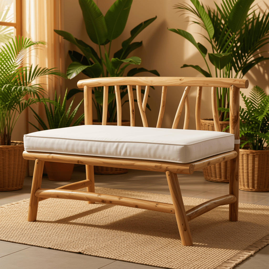 Rustic Teak & Bamboo Spindle-Back Bench with Cushion
