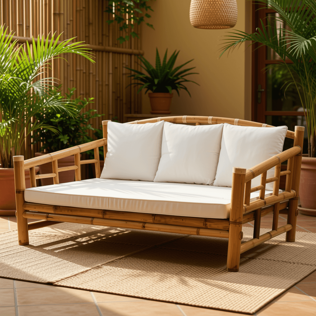 Bamboo & Rattan Framed Daybed Sofa with Cushions