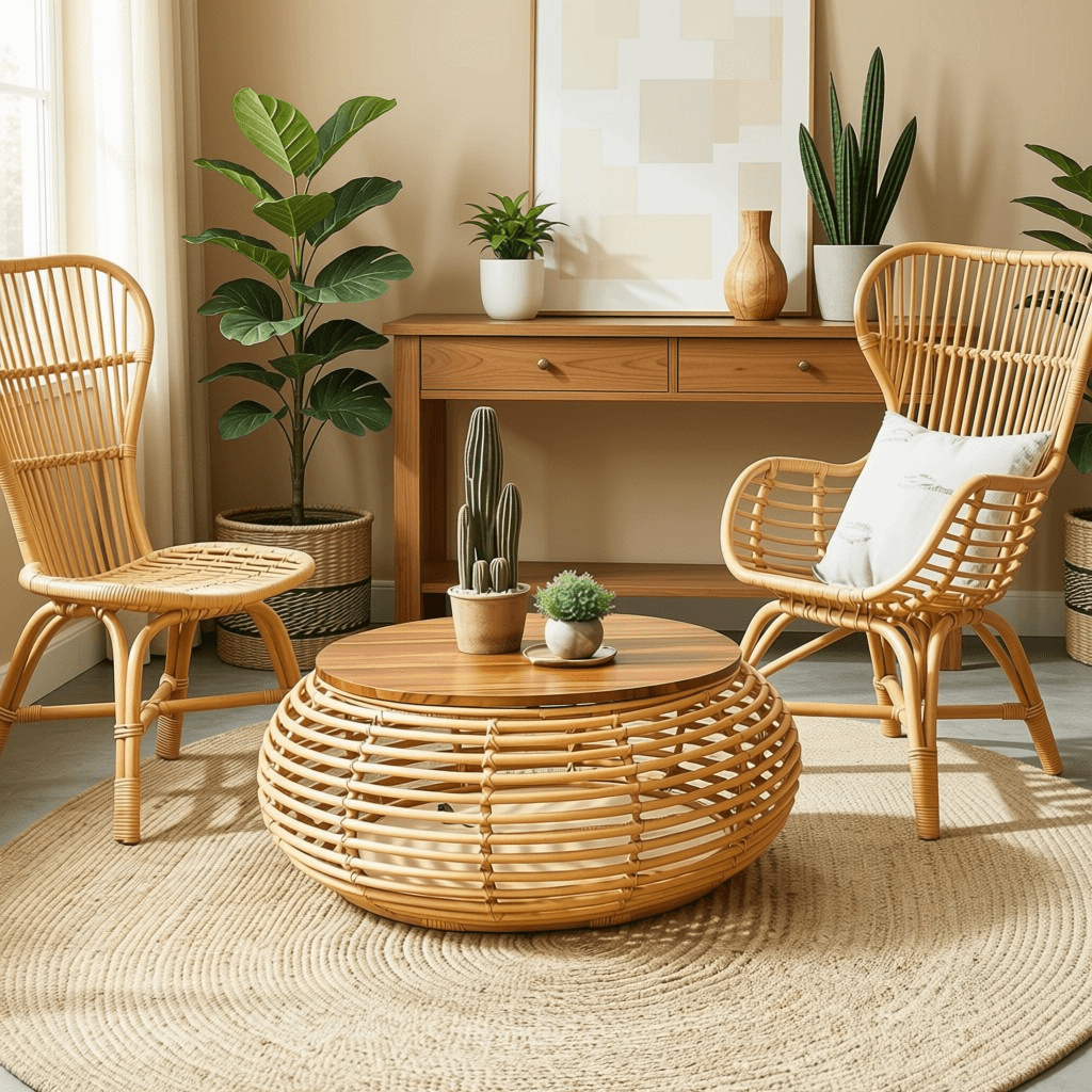 Round Rattan Coffee Table with Wooden Top