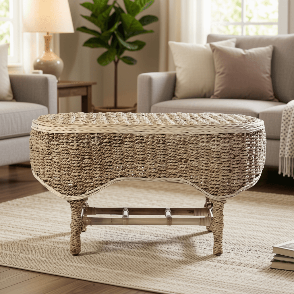 Woven Water Hyacinth Bench with Wooden Legs