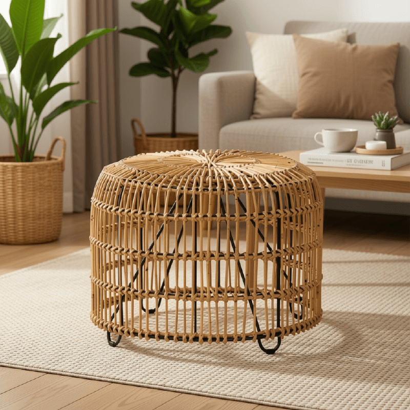 Round Woven Rattan Coffee Table with Open Base