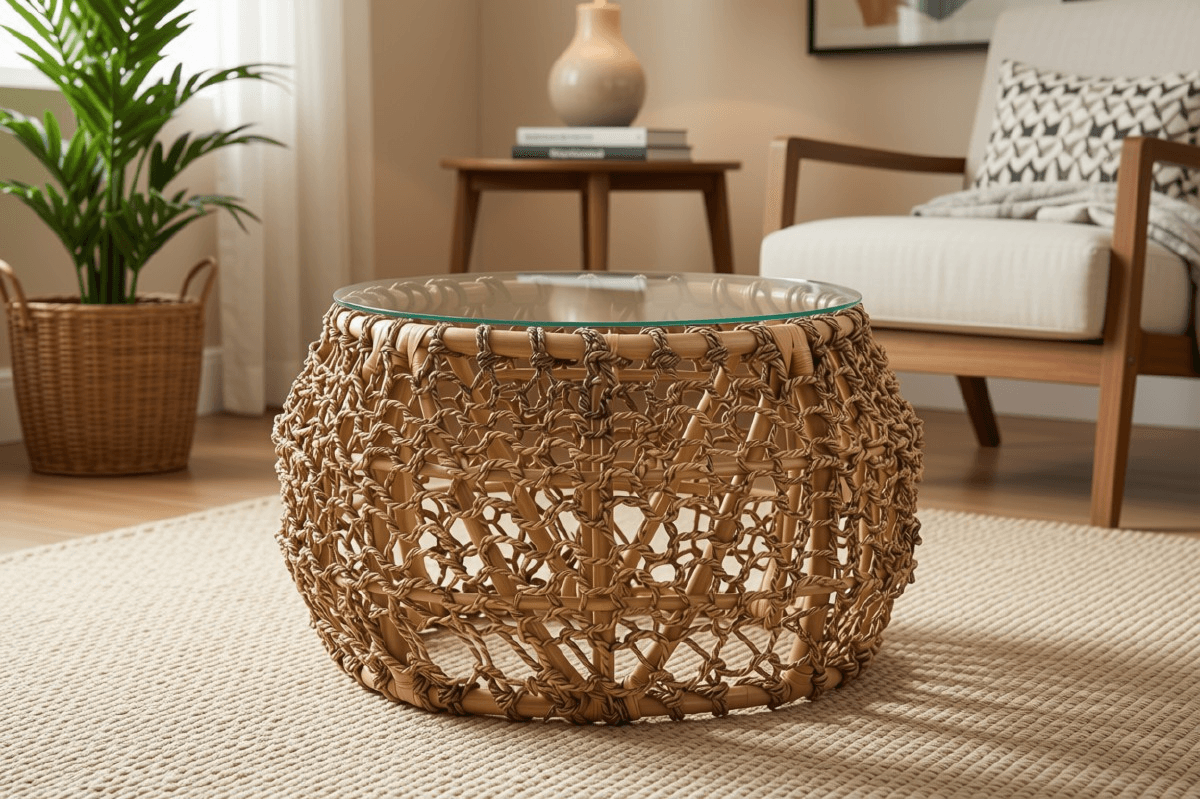 Round Glass Top Coffee Table with Woven Natural Fiber Base