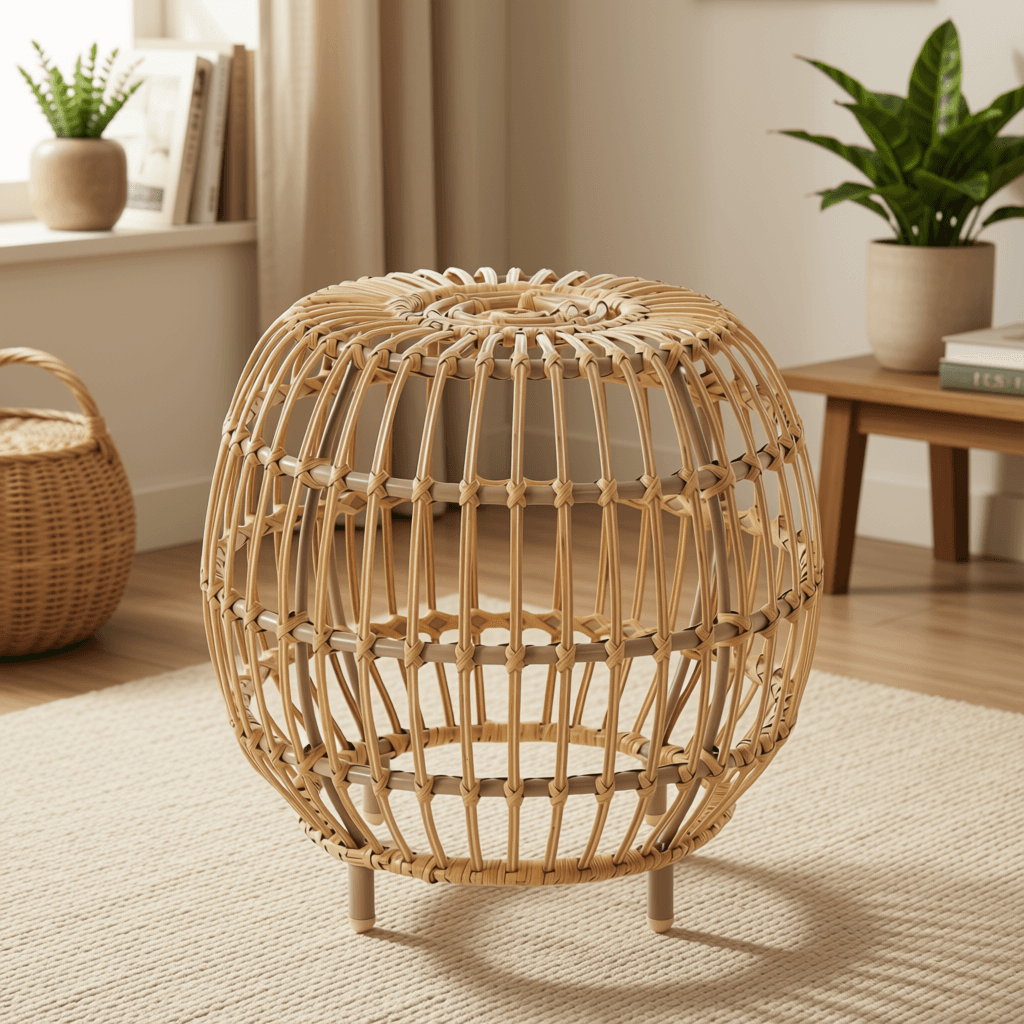 Round Rattan Slatted Accent Stool