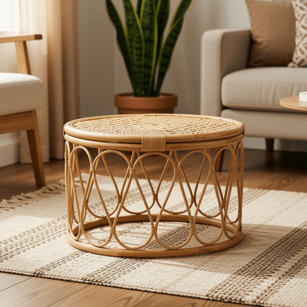 Round Rattan Coffee Table with Open Geometric Base
