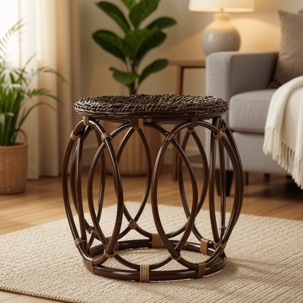 Round Dark Rattan Accent Stool with Loop Design
