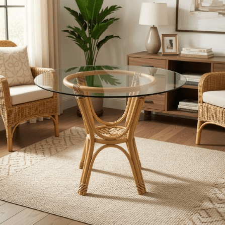 Round Glass Top Coffee Table with Curved Rattan Base