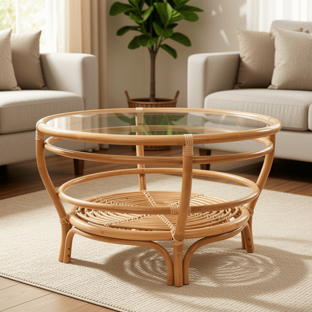 Round Glass Top Coffee Table with Lower Shelf and Rattan Frame