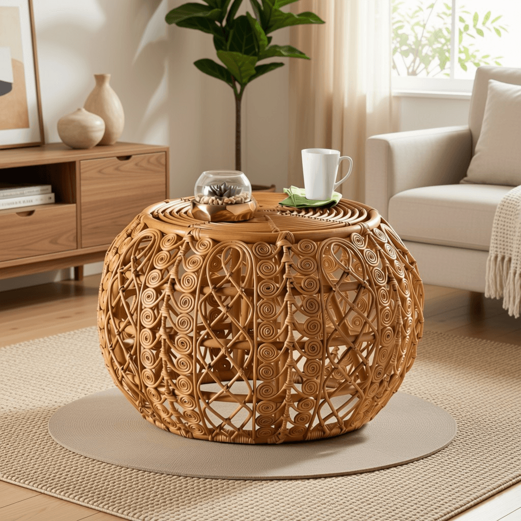 Round Woven Rattan Drum Coffee Table with Solid Top