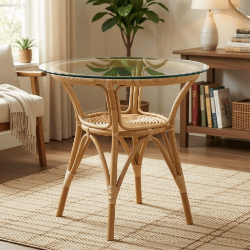 Round Glass Top Accent Table with Curved Rattan Base